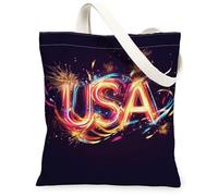 Usa Canvas Tote Bag for Women, Festive Bold Fireworks Sparks Independence Day Black Washable Reusable Small Tote Bags Ideas for Family Friends Colleagues Reading Loves 13x15 Inch