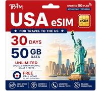 USA eSIM 30 Days 50GB Data with Call Home | High Coverage AT&T Network | Unlimited Local + International Calls/Texts in USA (Including Alaska) | Get eSIM in Hours! | Hotspot/Tethering allowed
