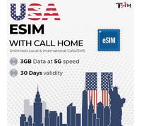 USA eSIM - 3GB 5G Data | Unlimited Local & International Calls/Text | Hotspot/Tethering allowed | 30-Day Prepaid Plan | Get eSIM Same Day!