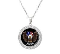 USA Flag Patriotic Eagle Diamond Necklaces for Women Round Pendant Necklace with 19.7 Inch Adjustable Chain Lobster Clasp Personalized Memorial Jewelry Gift for Friendship Couple Everyday Wear