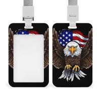 USA Flag Patriotic Eagle ID Badge Holder with Lanyard Vertical Badge Reel Clip Durable Clear Window Name Tag ABS Plastic Push-Pull Design ID Card Holder for Office, Nurses, Employees