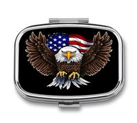 USA Flag Patriotic Eagle Pill Box 2-Compartment Portable Pill Case Square Metal Medication Organizer Small Weekly Medication Case with Mirror Stylish Vitamin Holder for Purse Pocket Travel