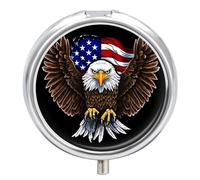USA Flag Patriotic Eagle Pill Box Travel Pill Case for Purse Pocket Weekly Medicine Organizer with Mirror 3 Compartment Round Medicine Case Portable PillcaseHolder for Daily