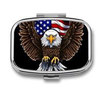 USA Flag Patriotic Eagle Pill Box Travel Pill Organizer 2-Compartment with Mirror Design Portable Square Medicine Case for Vitamins, Jewelry & Essentials Durable Pocket Pillcase for Purse, Camping