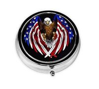 USA Flag Patriotic Eagle Portable Round Pill Box, can fit into Wallet Pocket Lightweight 3 Compartment Pill Box, Carry Pill Box with You