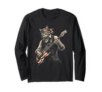 USA Flag Retro Guitarist Cat Playing Electric Guitar Long Sleeve T-Shirt