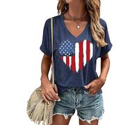USA Flag V-Neck Shirt Women Star and Stripes Graphic Tops Red White and Blue Short Sleeve Tee Summer Patriotic T-Shirt, 01-bnavy, M