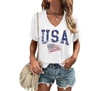 USA Flag V-Neck Shirt Women Star and Stripes Graphic Tops Red White and Blue Short Sleeve Tee Summer Patriotic T-Shirt, 04-awhite, L