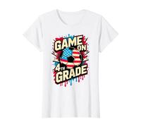 USA Game ON 4TH Grade Soccer Hello First Day Teacher America Value Graphic T-Shirt, Women, White, L