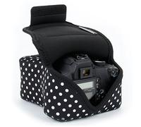 USA Gear Camera Sleeve (Medium) for Compact SLRs Compatible with Canon EOS R100 Nikon Z30 Sony ZV-E10, and More - Padded Neoprene DSLR Case with Zipper Accessory Pocket & Belt Loop (Polka Dot)