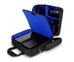 USA GEAR Console Carrying Case - PS4 Case Compatible with Playstation 4 Slim, PS4 Pro, and PS3 - Customizable Interior Stores Games, Controller, Headset, and More Gaming Accessories (Blue)