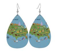 Usa Map With Icons Printed Teardrop Leather Earrings Ladies Print Pendant With Hook Fashion Vintage Party Daily Wear