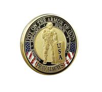USA Military Commemorative Coin with Armor of God Design, Gold-Tone Collectible Coin Featuring Soldier Relief and American Flag Details, Patriotic Metal Coin for Honor and Display, 4cm Iron Material
