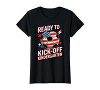 USA Ready KICK Off Kindergarten School Soccer Hello First Value Graphic T-Shirt, Women, Black, L