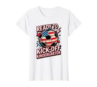USA Ready KICK Off Kindergarten School Soccer Hello First Value Graphic T-Shirt, Women, White, S