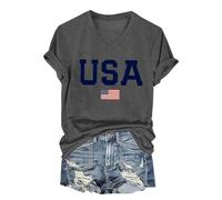 USA Shirts for Women Short Sleeve Letter Graphic American Flag Summer Tees Shirt Plus Size Loose Casual Memorial Day 4th of July Blouse(Dark Gray,XL)