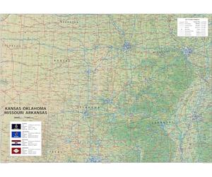 USA State Maps - Kansas, Oklahoma, Missouri and Arkansas Physical Map - Size A1-84.1 x 59.4 cm - Paper Laminated