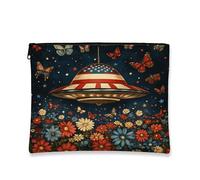 USA UFO Cosmetic Bag, Vintage Patriotic Retro Makeup Travel Pouch for Women, Small Canvas Zipper Organizer, Spring Gift Skincare Toiletry Bag, multicolor, 7x9 Inch, Ufo