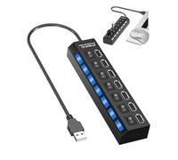 USB 2.0 Hub Powered, Power Strip Hub with Switch and LED Indicator, 480Mbps Speed Data Hub, 7 in 1 Multi Port USB Power Strip for PC, Mouse, Keyboard, Hard Drive, Printer