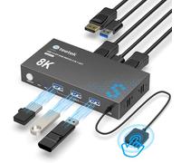 USB 3.0 DisplayPort KVM Switch 1 Monitor 2 Computers, 8K@60Hz KVM Switches for 2 Computers Sharing Monitor Keyboard Mouse Hard Drives Printer, with EDID Adaptive, 2 USB Cable and Controller