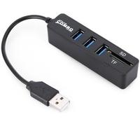 USB 3.0 hub, 3 ports, SD card and microSD reader, self-powered, portable, black