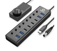 USB 3.0 Hub, 8 in 1 Powered USB Hub Adapter with 2 USB-A 3.0 Ports, 2 USB-C Data Ports, 4 Charging Ports, 65W Power Adapter, Individual On/Off Switches, USB Hub Splitter for Laptop/PC