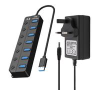 USB 3.0 Hub Powered 7-Port Splitter SuperSpeed Multi USB Hub with 5V3A Power Supply Adapter Individual On/Off Switch and Lights Extension High-Speed Data for Apple Air MacBook Pro Mac Windows