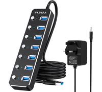USB 3.0 Hub Powered, VKUSRA Aluminum 7 USB Port SuperSpeed USB Data Hub with 5V3A Power Adapter and Individual On/Off Switch for Surface Pro, Windows, PC Laptop, Desktop, NoteBook and More