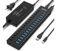 USB 3.0 Hub with Power, 16 Port USB C Hub Splitter, 16 USB-A 3.2 10Gbps with Individual Switches, 12V 8A 96W UL Certified Power Adapter for Laptop