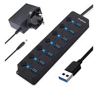 USB 3.0 Splitter, 7-Port USB 3.0 Hub with Individual Power Switches and Lights, Portable Expansion Data Hub with 5V/2A Power Adapter for Windows 10, 8.1, 8, 7, Vista, XP, Linux, Mac OS X