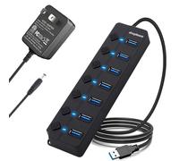 USB 3.0 Splitter with 5V/2A Power Adapter, 7-Port USB 3.0 Hub with Individual Power Switches and Lights, Portable Expansion Data Hub with 120cm Cable for Windows, Vista, XP, Linux, Mac OS X