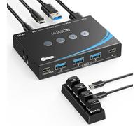 USB 3.2 Switch for 4 Computers 2 USBC + 2 USBA 10Gbps Inputs, Share 1 USBC + 3 USBA Peripherals Like Mouse Keyboard Printer Scanner, Come with 3.5 mm Mic Headphone Jack, 4 Cables & Controller