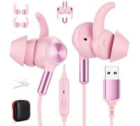 USB A Earbuds for Chromebook Laptop PC for Dell/HP Wired Headphones Pink