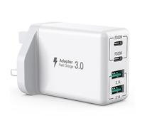 USB-C 40W 4-Port Fast Charger - Dual PD & Dual QC Ports, UK Wall Charger for iPhone 11/12/13/14/15 Series/XS/XR/SE/8/Samsung/iPad