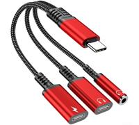 USB C Audio Adapter 3 in 1 with 60W PD Fast Charging AUX Jack for iPhone for samsung Pixel - High Fidelity Sound & Data - Aluminium Alloy Housing - Black(Red)