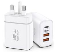 USB C Charger, 40W Multiport iPhone Charger Fast Charge Block with 4 Ports - 2 x USB-C and 2 x USB-A, Multiple Wall Charger Adapter for iPhone 17/16/15/14/13/12/11/Pro/X/iPad/Samsung (White, 2 Pack)