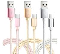 USB C Charger Cable, 3 Pack 1/2/3M, USB A to USB C Cable Fast Charge Nylon Braided Compatible with Samsung Galaxy S24/S23/S22/S21 Pixel PS5 Switch (3Pcs(Pink/Gold/White))