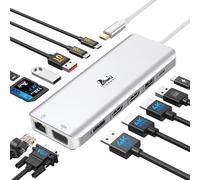 USB C Docking Station 3 Monitors 13 in 1 USB-C Hub with 2 HDMI 4K@60Hz, 8K@30Hz DisplayPort, VGA, 3 USB 3.1 10Gbps, PD 100W, Gigabit Ethernet, Multi-Monitor Adapter for MacBook Dell HP, Silver