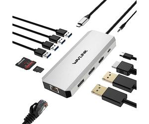 USB C Docking Station, WAVLINK 12 in 1 Triple Display Laptop Docking Station with Dual 4K DP, 4K HDMI, 100W PD,Gigabit Ethernet, 2 USB3.0, 2 USB 2.0,SD/TF Card Reader,Mic/Audio for Windows/Mac/HP/Dell