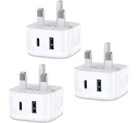 USB C Fast Charge Plug,3Pack Dual Port USB A and USBC Charger Plugs Adaptor UK Wall Charge for iPhone 17 Pro Max 16e 16 Plus Pro Max 15 14 13 12 11 SE Watch iPad Pro Mini Air,Type-C Ports Charging
