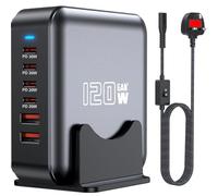 USB C Fast Charger Block, 120W 6-Port Charging Station GaN Hub Adapter, USB C Wall Multi Charger Power Strip Plug with On/Off Switch for iPad iPhone 16 15 14 13 12 Pro Max Galaxy S23/22-5ft Cord