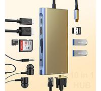 USB C Hub,10 in 1 Type C Hub Adapter, USB-C Docking Station with Gigabit Ethernet, 4K HDMI, VGA, PD 60W Type C, SD/TF Card Reader, 3 USB3.0, Audio