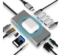 USB C HUB Dongle with Wireless Charging, 13 in 1 Docking Station Adapter with 4K HDMI, VGA, 2xUSB3.0, USB C 3.0 & 2.0, SD/TF & 3.5 mm AUX, Compatible with MacBook Pro & Other Laptops Tops