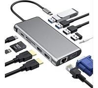 USB C Hub Dual HDMI 4K, USB C Docking Station 12 en 1 USB C vers USB 3.0x2, USB 2.0x2, Ethernet RJ45, Type C PD100W,Recharge,Prise Micro,Lecteur de Carte SD&Micro SD for PC Portable Tablette