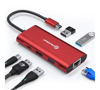 USB C Hub, UtechSmart 6 in 1 USB C to HDMI Adapter with 1000M Ethernet,Power Delivery Pd Type C Charging Port, 3 USB 3.0 Ports Adapter Compatible for MacBook Pro, Chromebook and USB C Devices(Red)