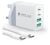 USB C Plug, 40W 4-Port Fast Charger Plug UK With USBC to USB C 2M, Multi USB Charger Plug UK Dual Port PD Power Adapter +QC Wall Charger Multiport Mains Type C Charging Plug for iPhone, Samsung, iPad