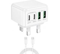 USB C Plug 40W Multi Port USB C Charger with 1m Fast USB C Cable | 2×USB-C & 2×USB-A | UK Portable Phone Charger For iPhone 17/16/15/14/13/12/X/XS Pro Max, iPad, AirPods, Samsung Galaxy, Google Pixel