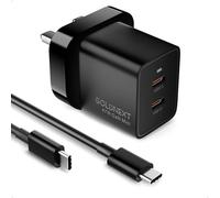 USB C Plug 47W, GOLDNEXT Dual Port USB C GaN Fast Charger Plug UK PD 3.0 & PPS 33W with 100W 5A Type C Cable for iPhone 16 Pro Max/15 Pro/15/14/13, Macbook Air, Galaxy S24/S23,Pixel (47W-Black)