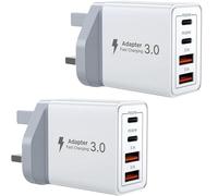 USB C Plug Fast Charge, 2 Pack 40W 4-Port Multi USB Charger Plug UK, Type C Charging Plug Compatible with Phone 17/16/15/14/13/12/11 Pro Max/XS/XR/8/Pad/Samsung