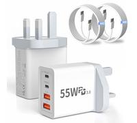 USB C Plug Fast Charge, 2 Pack 55W 4-Port USB Charger, UK Plug Adapter, QC3.0/PD 20W Mains Wall Charger, Type C Charging Plug, Compatible with iPhone/Samsung/iPad/AirPods